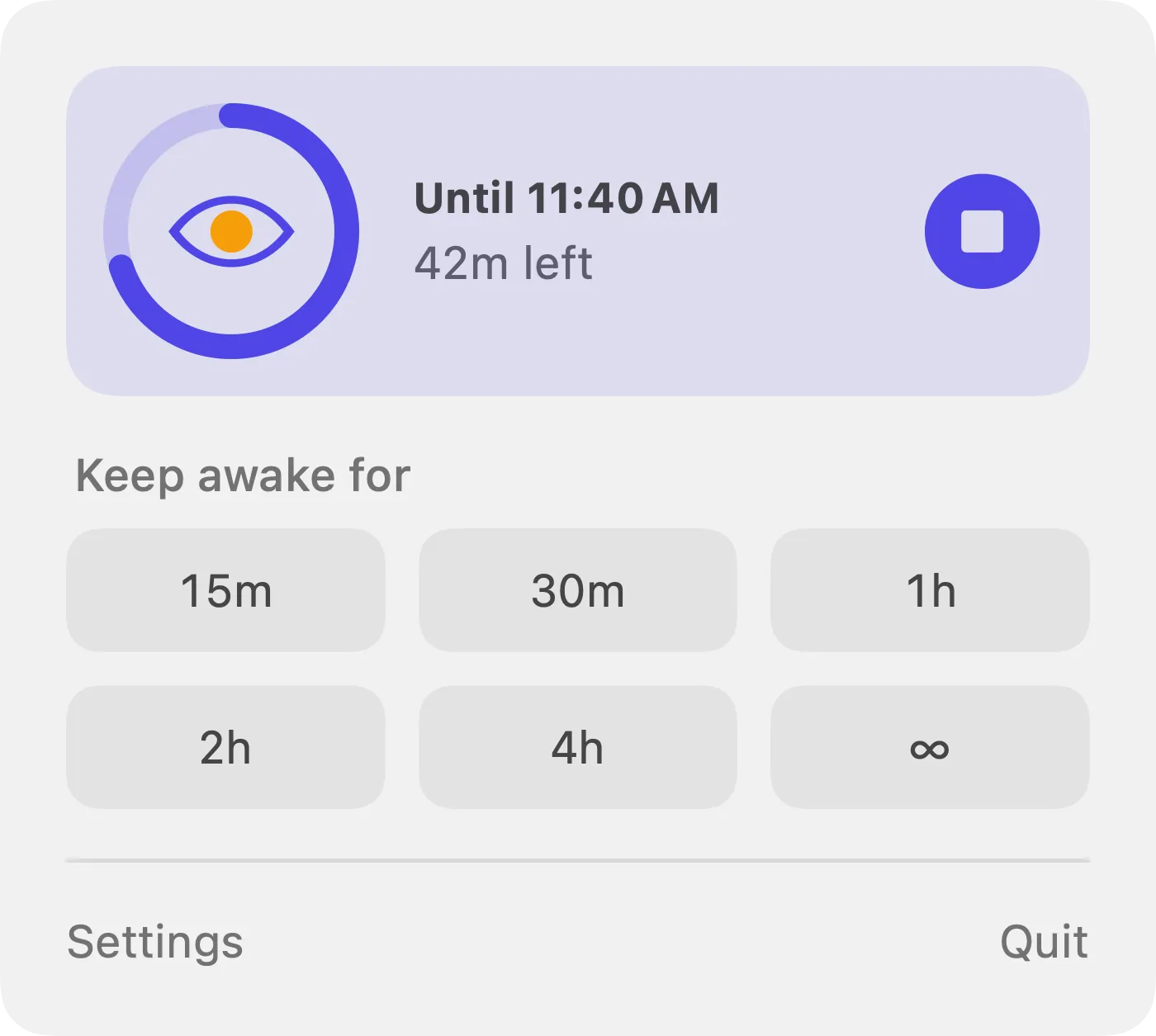 Wakeful popover showing active status with timer