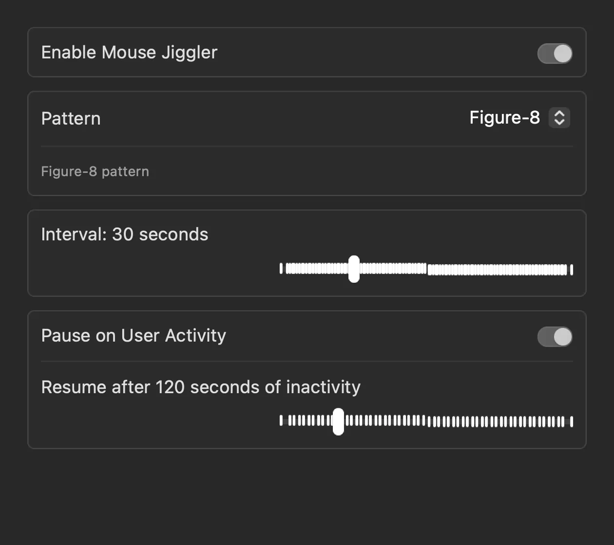 Wakeful jiggler settings showing pattern options and pause on user activity