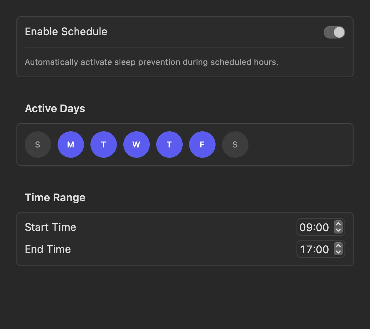 Wakeful schedule settings with active days and time range configuration