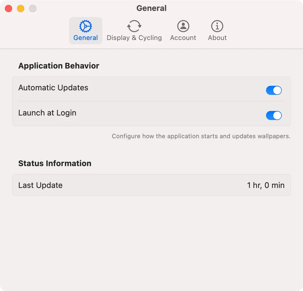 Application behavior settings with auto-update and launch at login